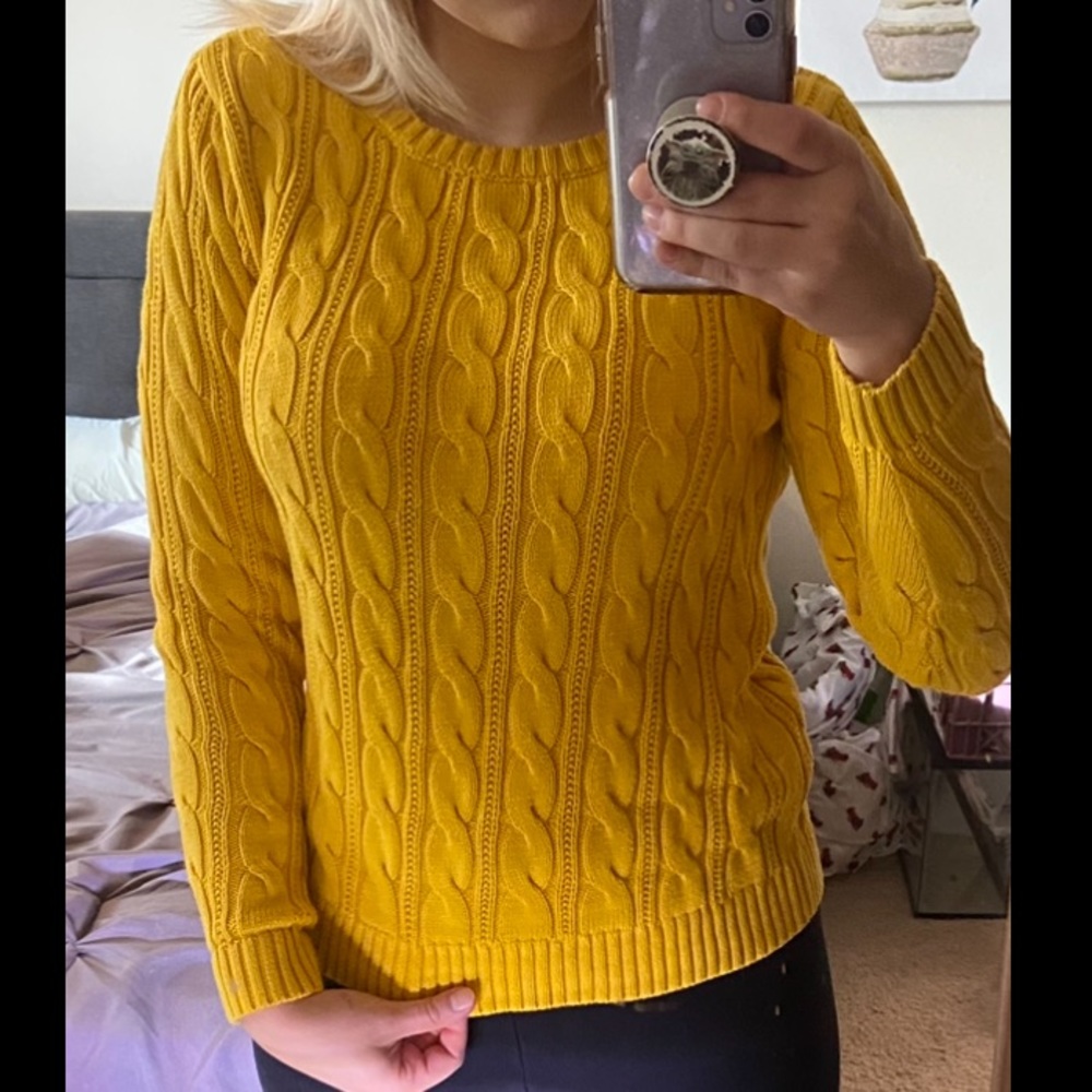 Lands End Drifter Yellow Cable Knot Sweater